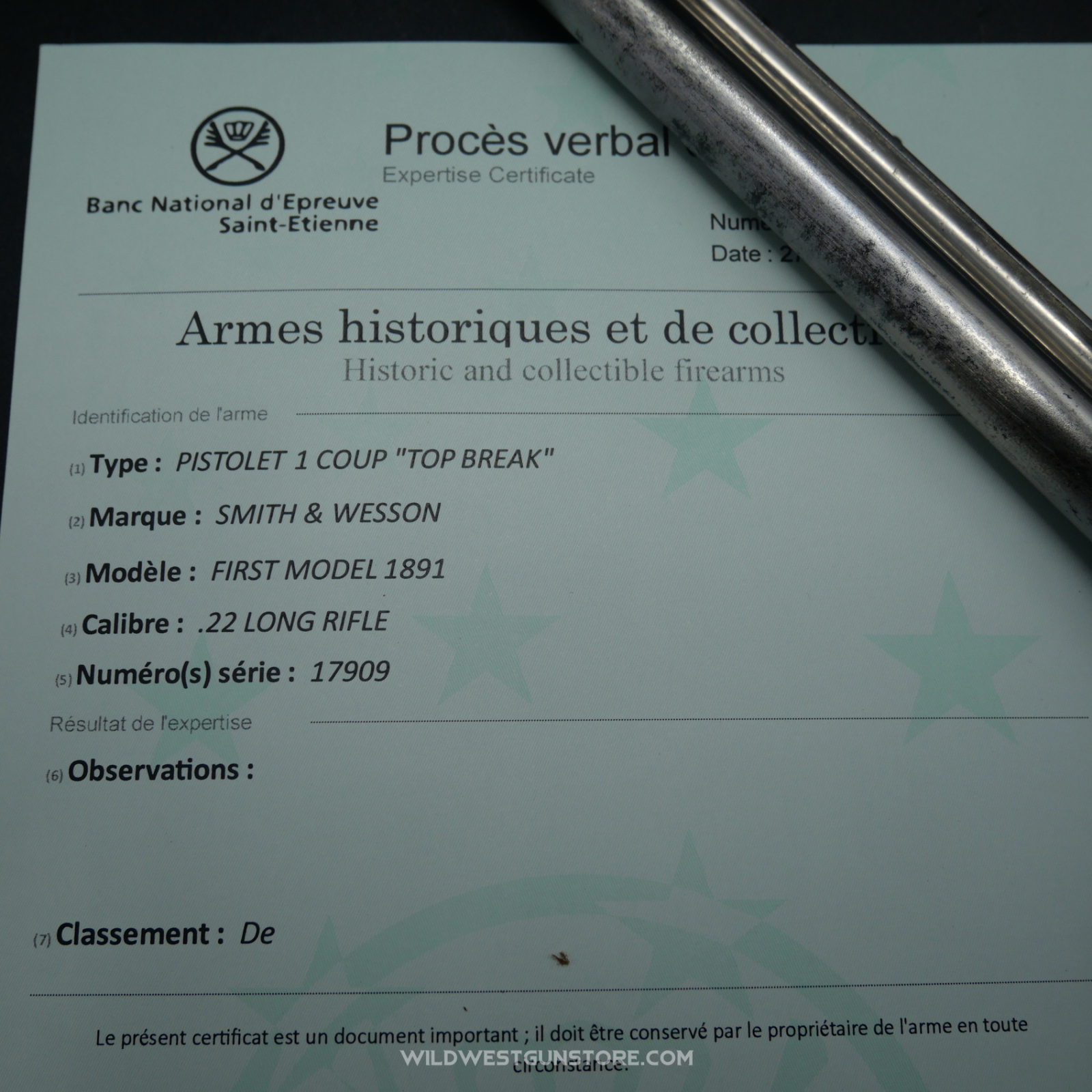 Smith & Wesson Model 1891 Collector's Pistol – .22 Caliber – 10-inch Barrel